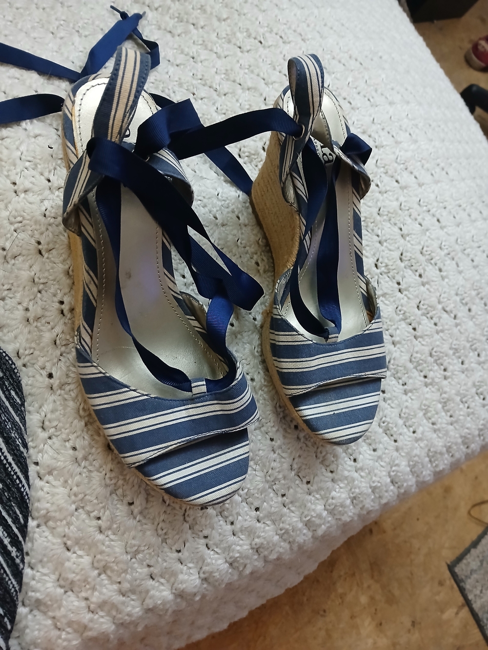 Striped Navy Espadrille Wedge Sandals with Ankle Ties